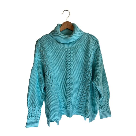 A.n.a Cable Knit Blue Aqua Turtleneck Sweater Chunky Pullover Women's Size L - Picture 1 of 5